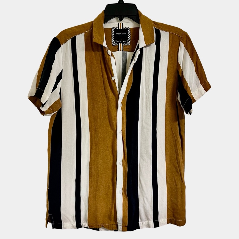 Denim‎ & Flower Men's Striped Button-Down Shirt, Black, White, Brown Size S